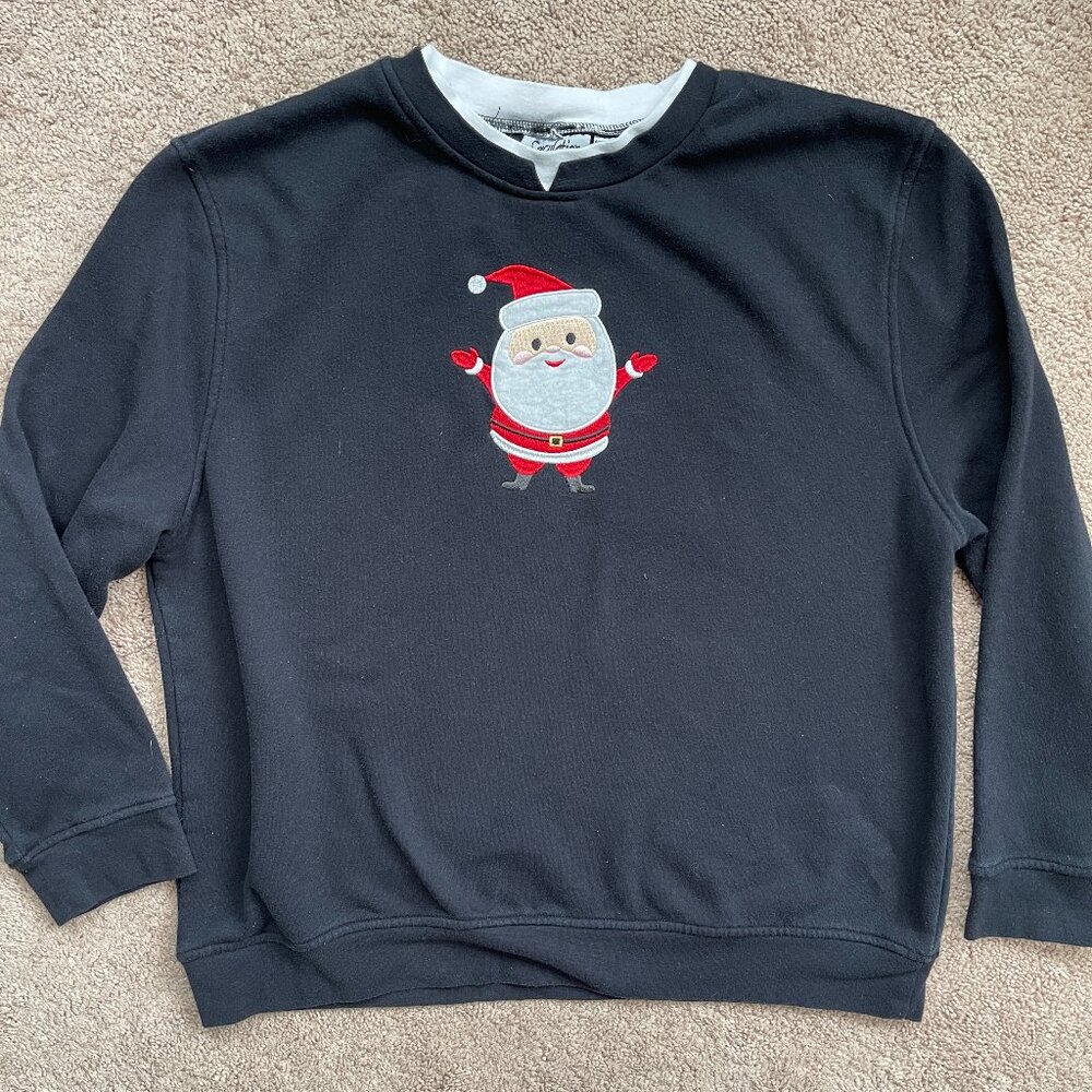 Vintage 90s Embroidered Santa Layered Crewneck Black Sweatshirt Womens Size XL